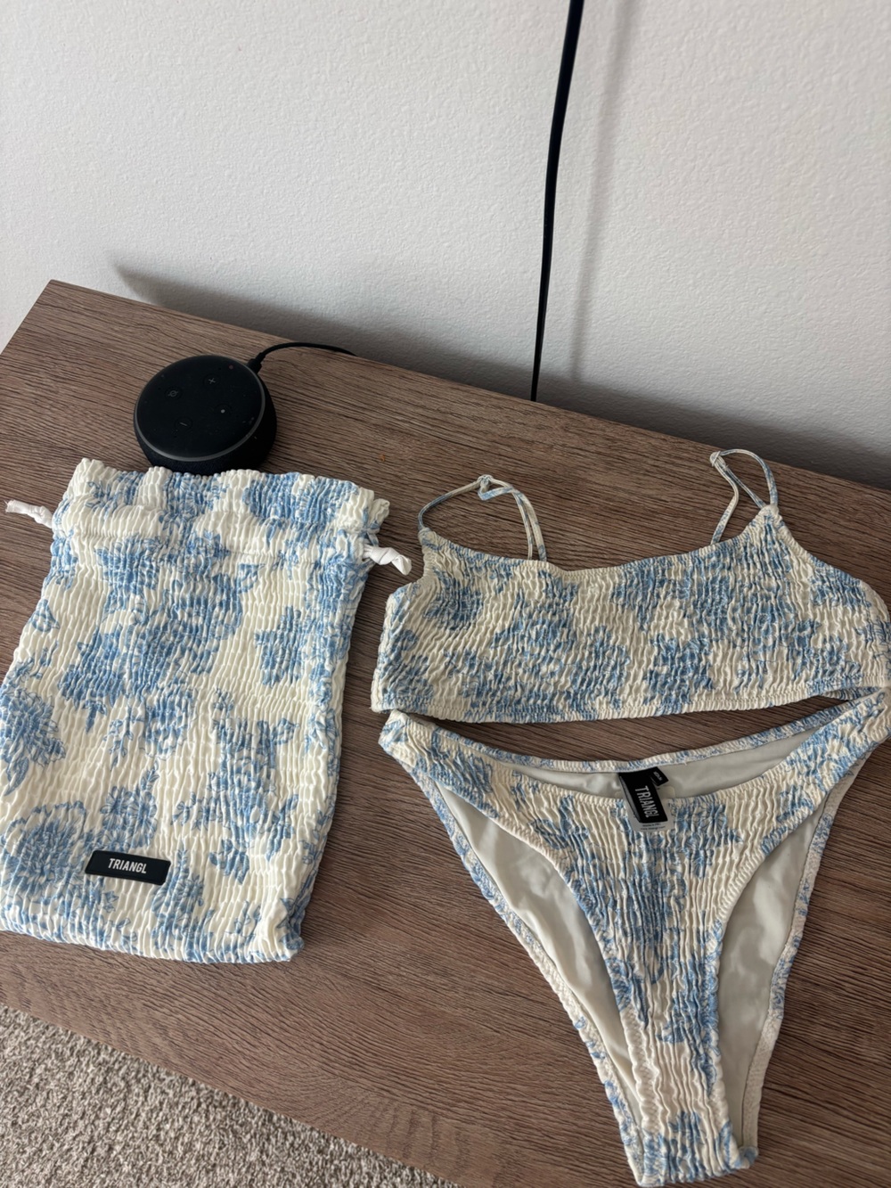 triangl swimwear Blue and Cream Smocked Bikini Set